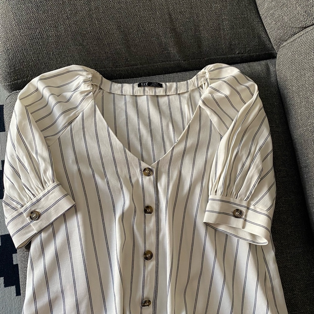 Zara Cream Blouse with Navy Pinstripes